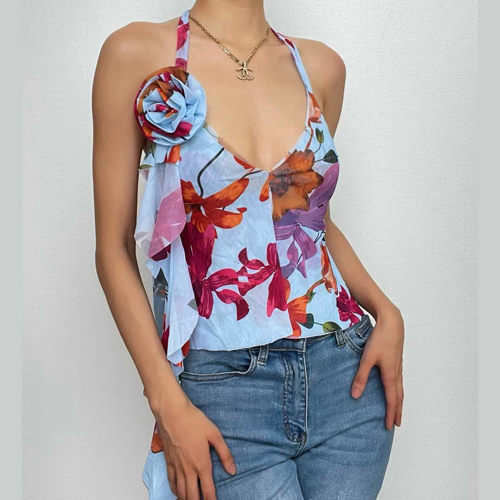 Top corto con scollo a V senza schienale, applicazione di fiori, nastro a contrasto, lacci autobloccanti 
