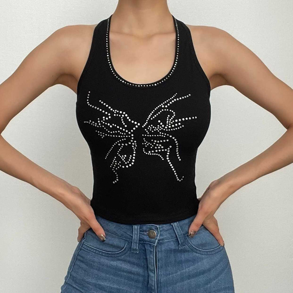 Beaded halter u neck ribbed backless crop top