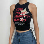 Star pattern contrast lace up sleeveless crewneck crop top