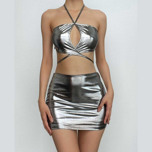 Metallic backless cross front hollow out halter self tie mini skirt set