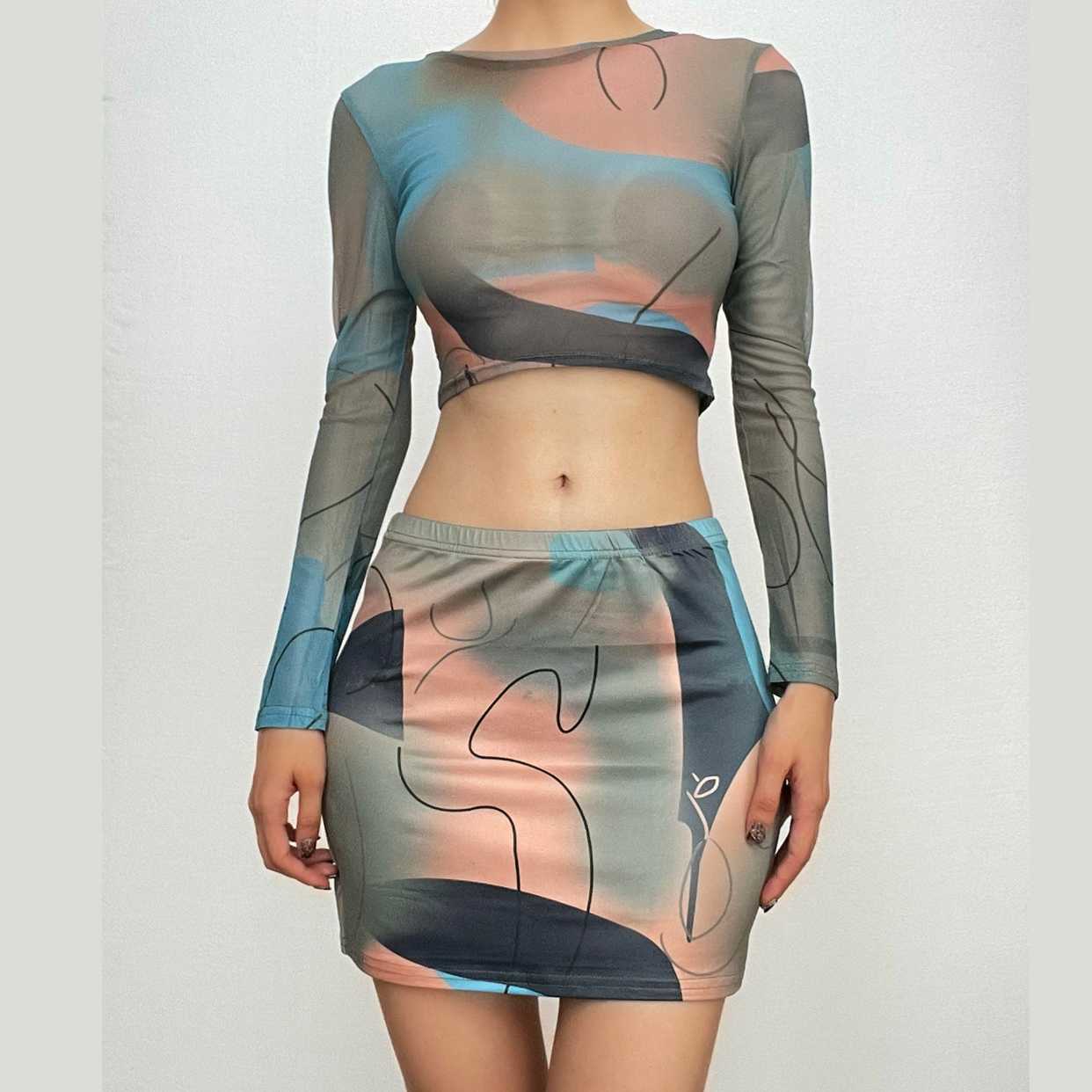 Long sleeve crewneck mesh see through contrast print mini skirt set