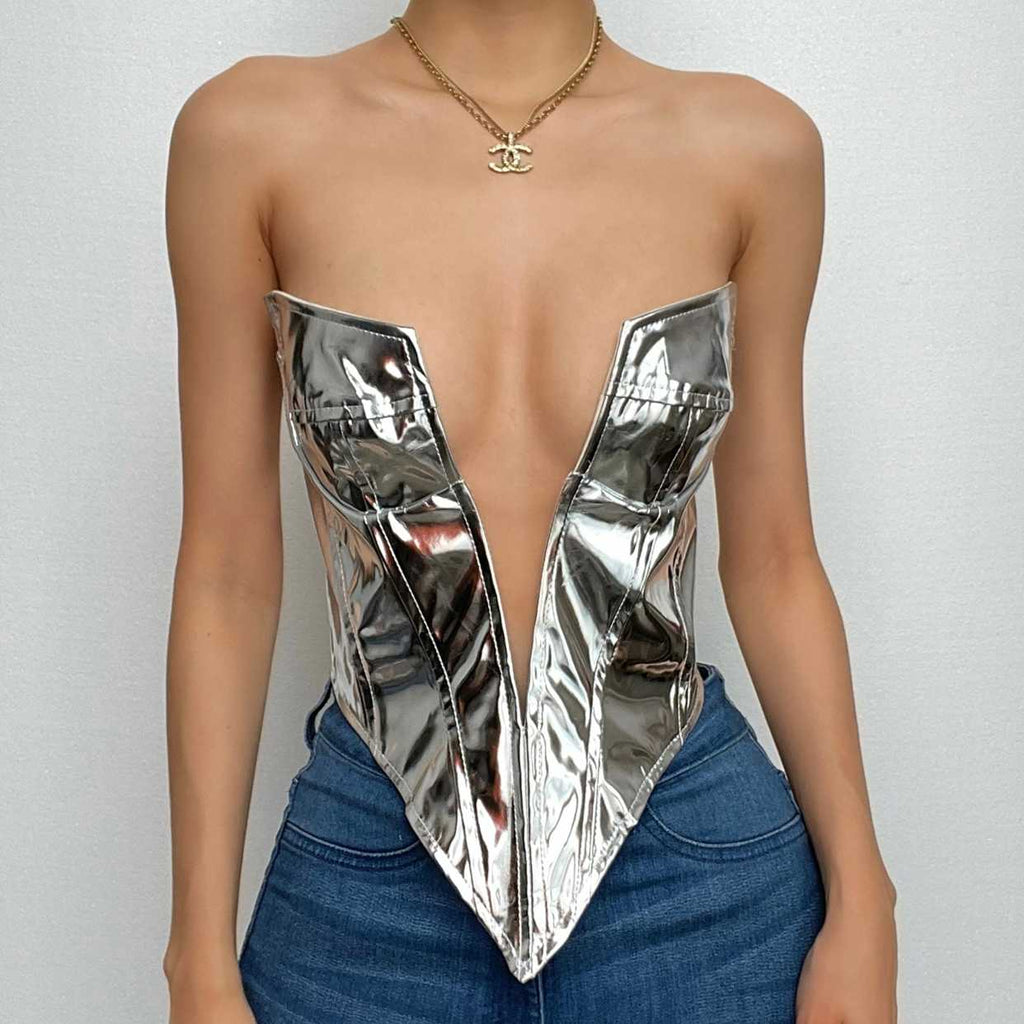 Metallic v neck zip-up low cut backless corset tube top