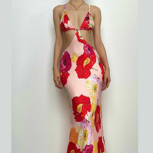 Rückenfreies Maxikleid mit Blumenmuster und ausgehöhltem V-Ausschnitt zum Selbstbinden 