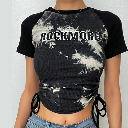 Drawstring tie dye short sleeve patchwork contrast crop top