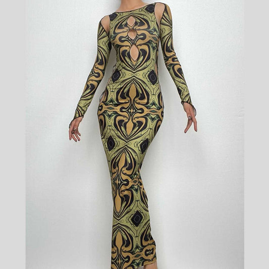 Langärmliges Maxikleid mit ausgehöhlten Handschuhen im Kontrastdruck