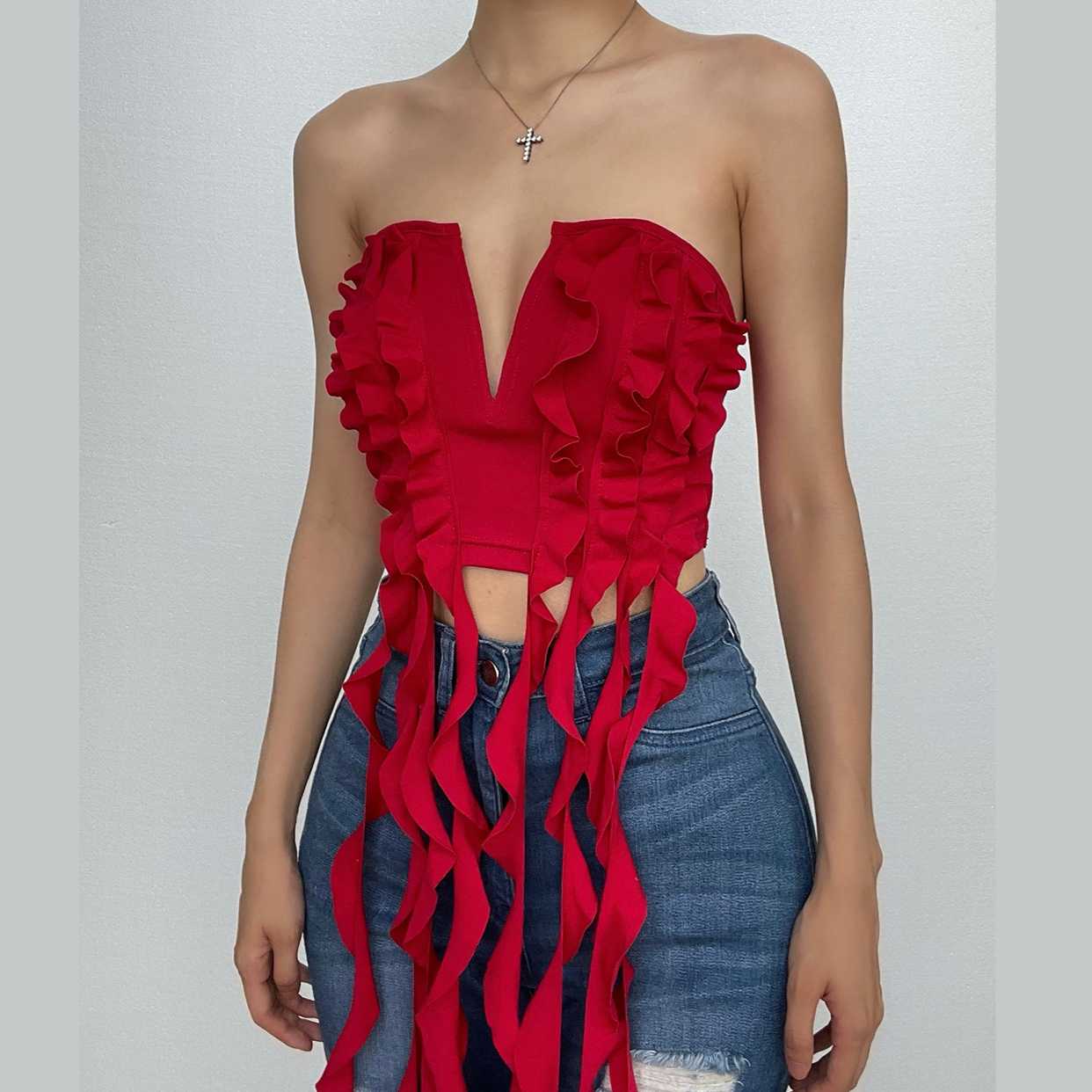 Ruffle solid notch neck ribbon backless tube crop top