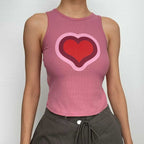 Sleeveless crewneck ribbed heart pattern contrast top
