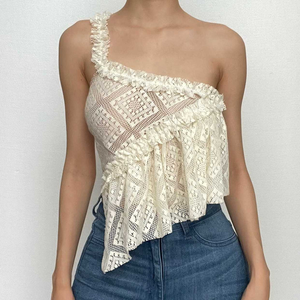 Halter irregular lace backless see through ruffle solid top