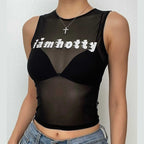 Sheer mesh see through "i am hotty" pattern contrast sleeveless crop top
