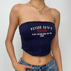 Embroidery contrast bustier backless tube crop top