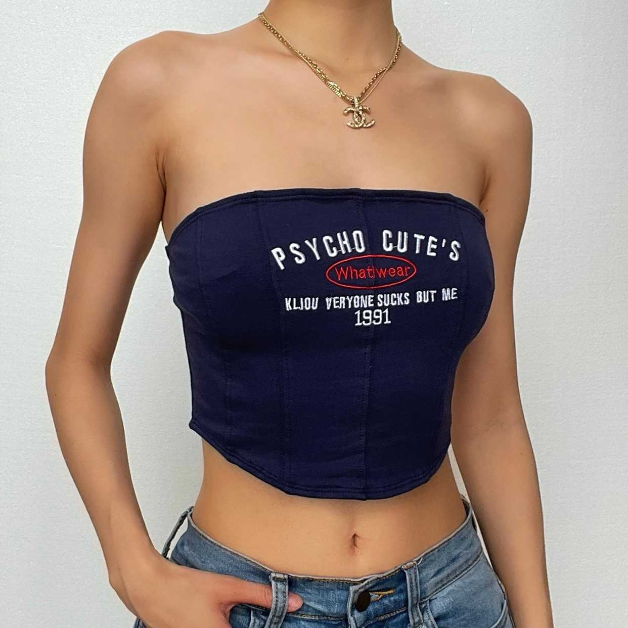 Embroidery contrast bustier backless tube crop top