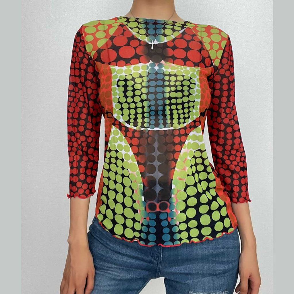 Sheer mesh long sleeve polka dot thermal contrast ruffle 2-way top