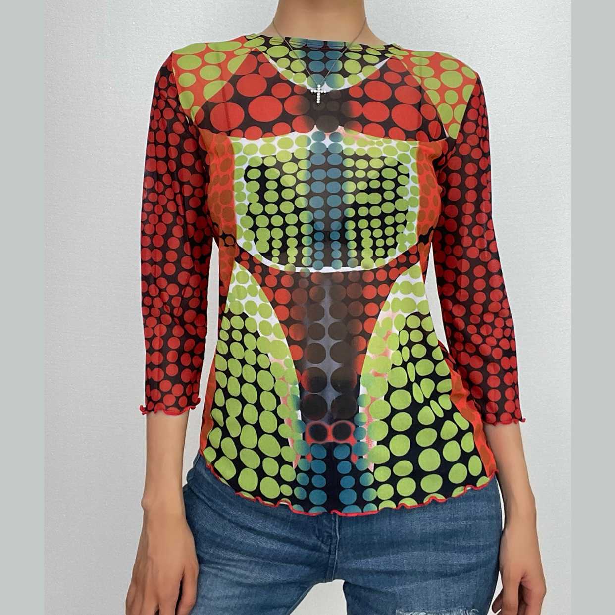 Sheer mesh long sleeve polka dot thermal contrast ruffle 2-way top