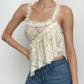 Halter irregular lace backless see through ruffle solid top
