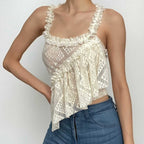 Halter irregular lace backless see through ruffle solid top