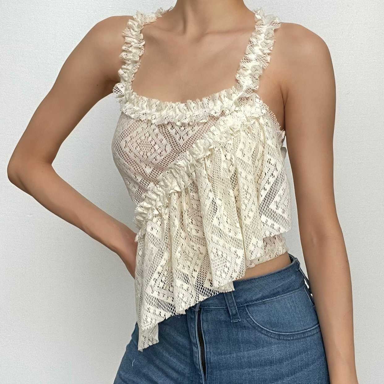 Halter irregular lace backless see through ruffle solid top