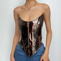 Corsetto in pelle PU con scollatura a U, top a tubino senza schienale e lacci 