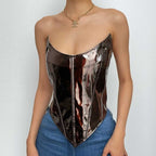 Corsetto in pelle PU con scollatura a U, top a tubino senza schienale e lacci 