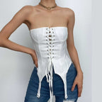 Solid button lace up corset backless self tie tube top