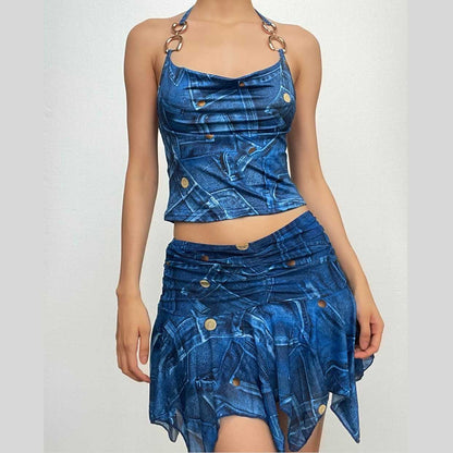 Backless cowl neck metal chain denim print ruched mini skirt set
