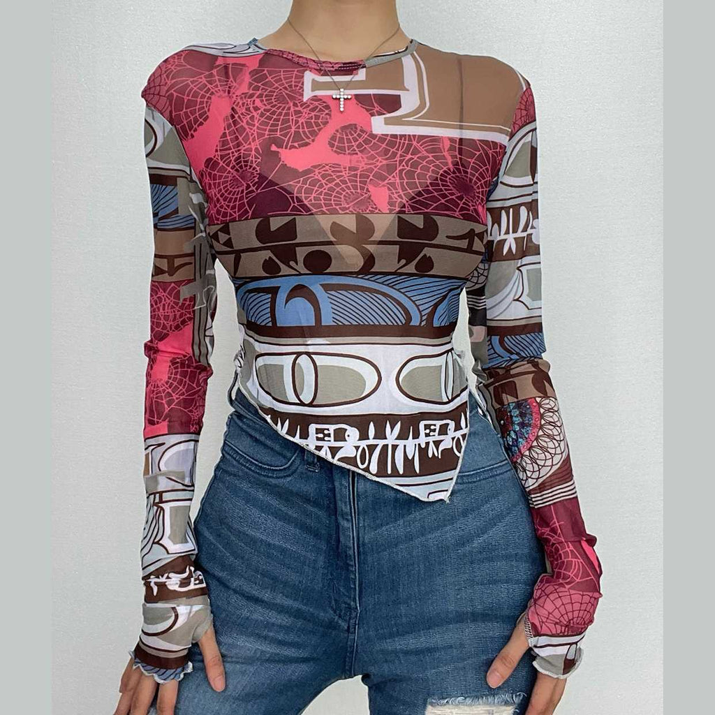 Sheer mesh see through contrast print long sleeve gloves crewneck crop top