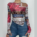Sheer mesh see through contrast print long sleeve gloves crewneck crop top