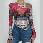 Sheer mesh see through contrast print long sleeve gloves crewneck crop top