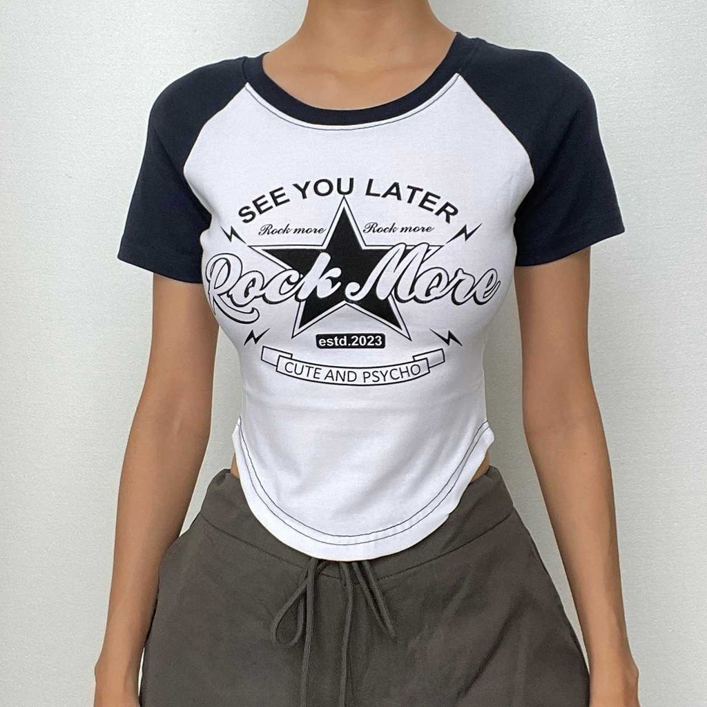 Crewneck star pattern patchwork short sleeve contrast top
