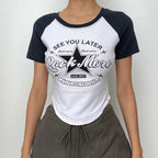 Crewneck star pattern patchwork short sleeve contrast top