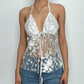 Embroidery v neck self tie halter solid backless top