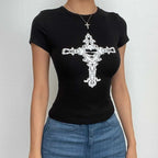 Short sleeve cross pattern crewneck contrast crop top