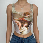 Abstract Print Square Neck Contrast Sleeveless Backless Crop Top