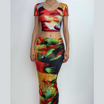 Abstract Print Contrast Short Sleeve U Neck Maxi Skirt Set