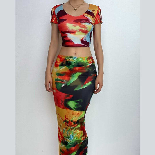 Abstract Print Contrast Short Sleeve U Neck Maxi Skirt Set