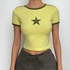 Patchwork short sleeve star pattern contrast top