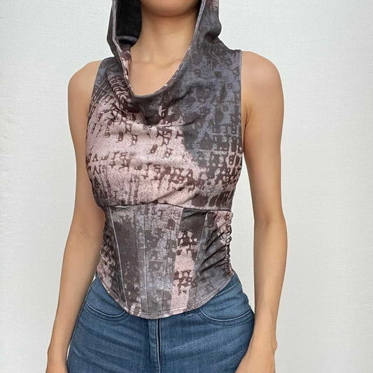 Felpa con cappuccio, senza maniche, con zip, corsetto, top corto arricciato a contrasto 