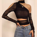 Solid off shoulder sheer mesh see through irregular hollow out crop top
