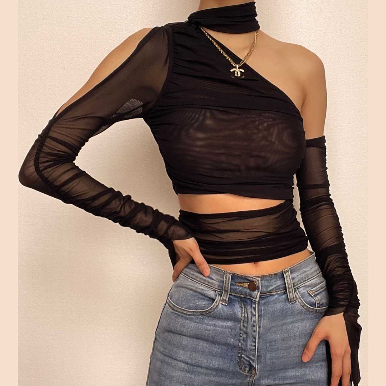 Solid off shoulder sheer mesh see through irregular hollow out crop top