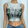 Denim print contrast sleeveless crewneck crop top