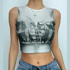 Denim print contrast sleeveless crewneck crop top