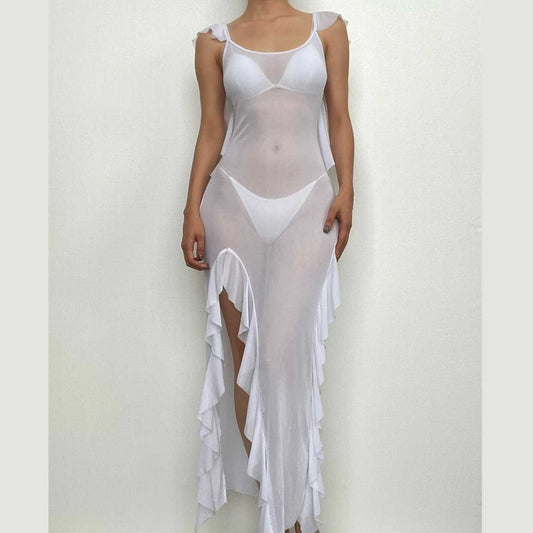 Transparentes, rückenfreies Maxikleid aus transparentem Netzstoff mit Rüschenschlitzen und Flügelärmeln 