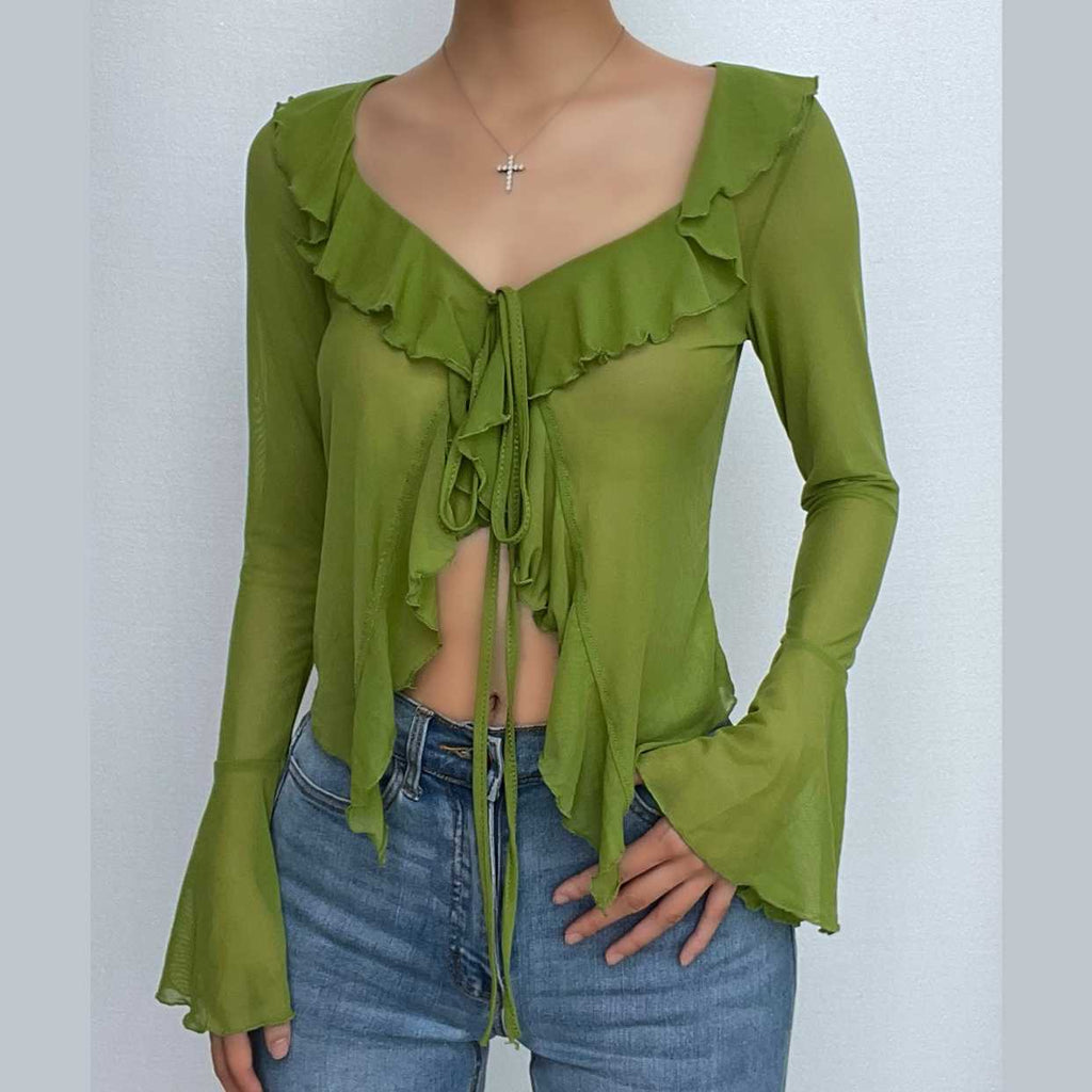 Sheer mesh see through ruffle flared sleeve solid slit top