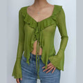 Sheer mesh see through ruffle flared sleeve solid slit top
