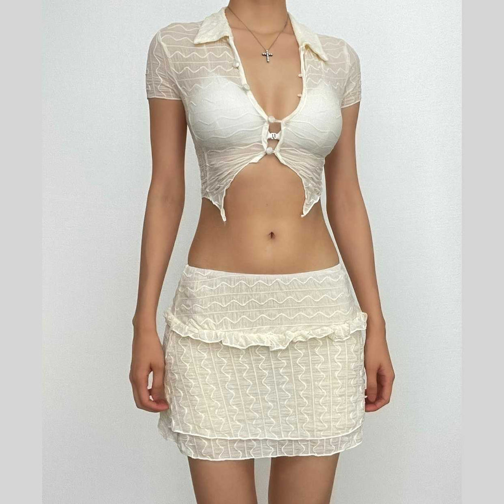 Textured button turnover collar short sleeve ruffle mini skirt set