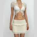 Textured button turnover collar short sleeve ruffle mini skirt set