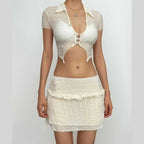 Textured button turnover collar short sleeve ruffle mini skirt set