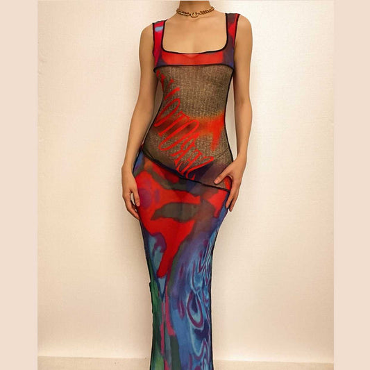 Ärmelloses Maxikleid mit Schlitz und durchsichtigem Netzstoff, quadratischem Ausschnitt und Kontrastnähten 