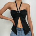 Slit ruched buckle solid heart neck halter top