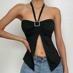 Slit ruched buckle solid heart neck halter top
