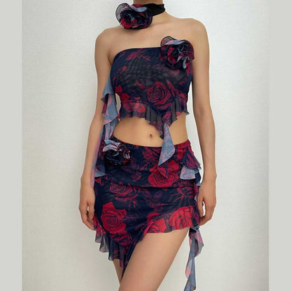 Sheer mesh see through ruffle flower applique contrast print tube mini skirt set